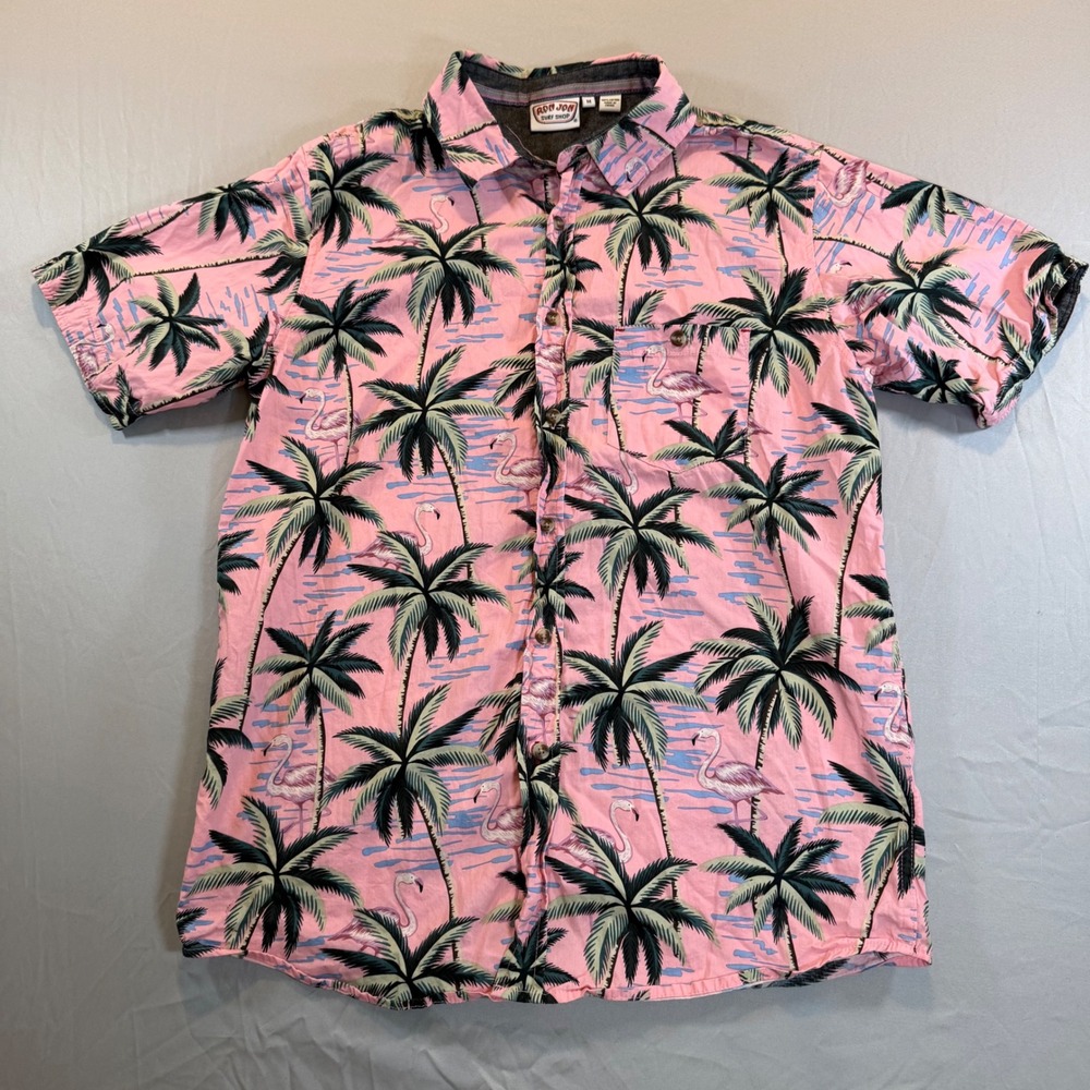 Ron Jon Surf Shop Mens Pink Flamingo Palm Tree Tropical Button Down Shirt Medium